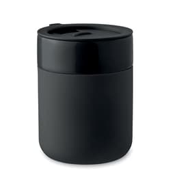 A drink bottle in matte black with a sleek, cylindrical design and a secure lid. It features a branding logo.
