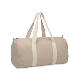 A duffle bag in a light beige colour with cream handles and a zipper closure. It features a simple design and logo.