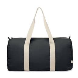 A black duffel bag with cream-coloured straps and a zip closure. The bag features a logo on the side.
