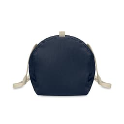 A navy blue bag with tan straps and a rounded shape, featuring stitching details. It has a simple design and no visible logos.