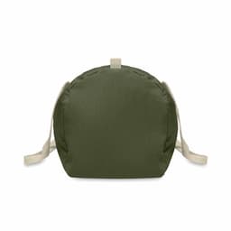 A bag in olive green with light tan straps, featuring a rounded shape and minimalist design.