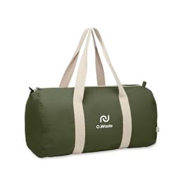 A green duffle bag with cream straps, featuring a logo on the front.