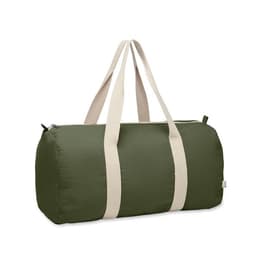 A duffle bag in olive green with cream handles and a zippered closure.