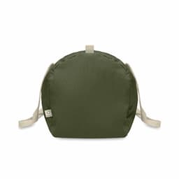 A bag in olive green with cream straps and a rounded shape. It features a small branding logo.