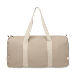 A duffel bag in a light beige colour with two cream handles and a zip closure. It features a logo on the side.