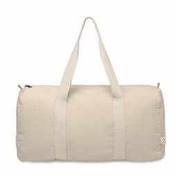 A duffel bag in a light beige colour with two handles and a zip closure, featuring a small branding label.