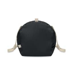 A black promotional bag with light-coloured straps and a rounded shape. It features a logo on the side.