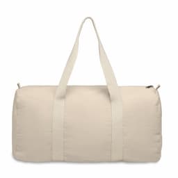 A duffel bag in a light beige colour with two handles and a zip closure, featuring a simple design.