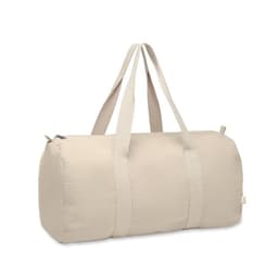 A beige duffel bag with two sturdy handles and a zip closure, featuring a branding logo.