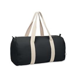 A duffel bag in black with cream-coloured straps, featuring a zip closure.
