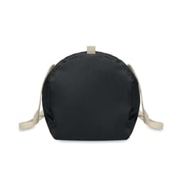 A black sports bag with cream straps and a rounded shape, featuring a logo.