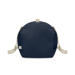 A navy blue bag with a rounded shape and cream-coloured straps, featuring a small logo on the side.