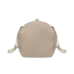A beige bag with two adjustable straps and a rounded shape, featuring a simple design and no visible branding.