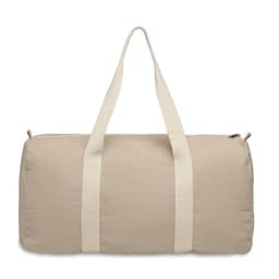 A duffel bag in a neutral beige colour with two sturdy straps and a zip closure. Features minimalistic design.