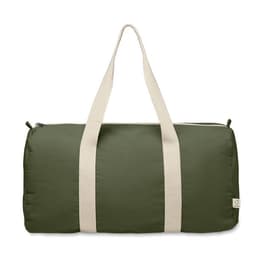 A green duffel bag with cream-coloured straps and a logo on one side.