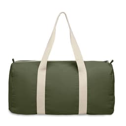 A duffel bag in olive green fabric with beige straps and a zip closure. It features a logo on one side.