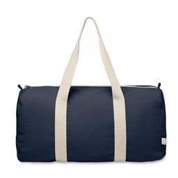 A navy duffel bag with cream-coloured handles and a zipper closure. The bag features a logo on one side.