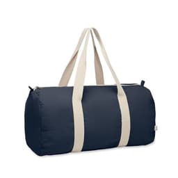A duffel bag in navy blue with light-coloured straps and a zip closure. The bag features a logo.