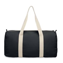 A black duffle bag with light beige straps, featuring a zipper closure and a spacious design.