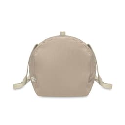 A bag in a neutral beige colour with adjustable straps and a rounded shape. It features a branding logo.