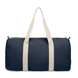 A duffle bag in navy blue with light cream straps and a zippered closure. It features a simple design and a logo.