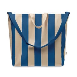 A tote bag featuring bold blue and beige stripes, with shoulder straps for easy carrying and a simple design.