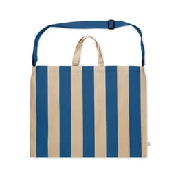 A tote bag featuring vertical blue and beige stripes, with a long adjustable strap and two handles.