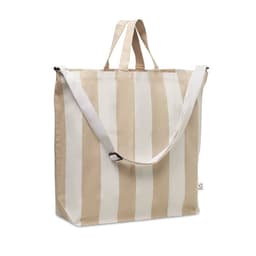 A large tote bag featuring beige and white stripes with dual handles and a shoulder strap.