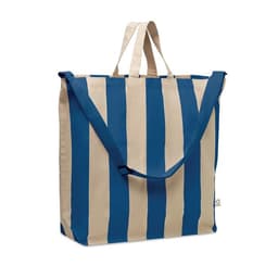 A large tote bag featuring blue and cream vertical stripes, equipped with both short and long handles.