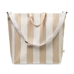 A tote bag featuring vertical stripes in beige and white, with sturdy handles and a shoulder strap.