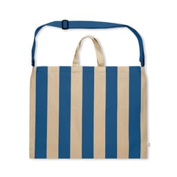 A tote bag with blue and beige vertical stripes, featuring a single strap and dual handles.