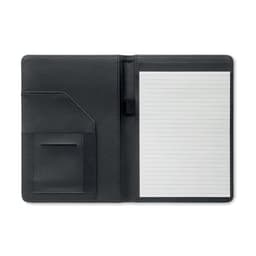 A black folio with a pocket, a pen holder, and a lined notepad inside.