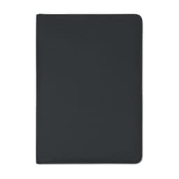 A dark black Folio product with a smooth, textured surface and rounded corners. It features a logo on the front cover.