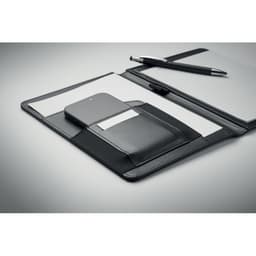 A black folio with a notepad, pen, and a phone in a side pocket. It features sleek, professional styling.