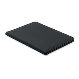 A black folio with a smooth surface and a sleek, minimalist design. It features a small logo on the exterior.