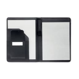 A black folio with a notepad, a pocket for a phone, and a lined paper section. Features a branding logo.