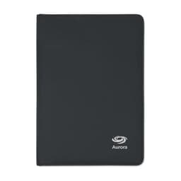 A black folio with a smooth exterior and a logo on the bottom corner.