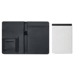 A black folio with a pocket and an accompanying lined notepad. The folio has a sleek, professional design.