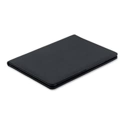 A black folio with a smooth finish and a logo on the cover.