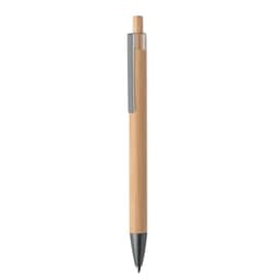 A pen with a bamboo body, transparent cap, and a silver clip. The tip is black for writing.
