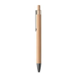 A pen made of bamboo with a silver clip and black tip. The design is sleek and eco-friendly.