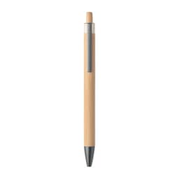 A pen with a bamboo barrel and a silver clip, featuring a black ink tip and a minimalist design.