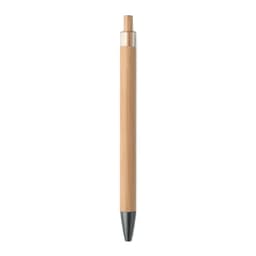 A pen with a bamboo barrel and a silver clip, featuring a black tip. It has a simple and eco-friendly design.