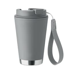 A drink bottle in grey with a stainless steel base and a textured strap for easy carrying. It features a logo on the side.