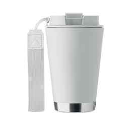A drink bottle in matte white with a silver base and a grey strap attachment. It has a lid for easy access.
