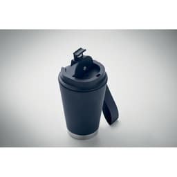 A drink bottle in navy blue with a silver base, featuring a secure lid and a handle for easy carrying.
