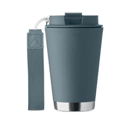 A drink bottle in teal with a grey strap, featuring a stainless steel base and a lid. It has a logo.