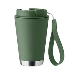 A green drink bottle with a silver base and a matching strap for easy carrying, featuring a lid.