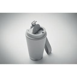 A drink bottle in grey with a flip-top lid and a handle, featuring a logo on the side.