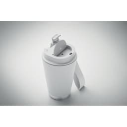 A drink bottle in white with a flip-top lid and a side handle, featuring a logo.